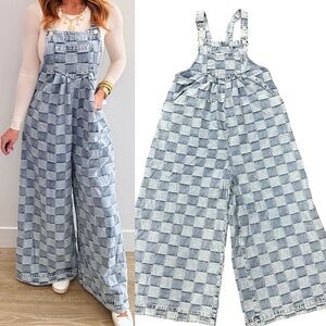 Bibi Denim Washed Checkered Overalls Large Wide Leg Baggy Retro Boho Chic Summer